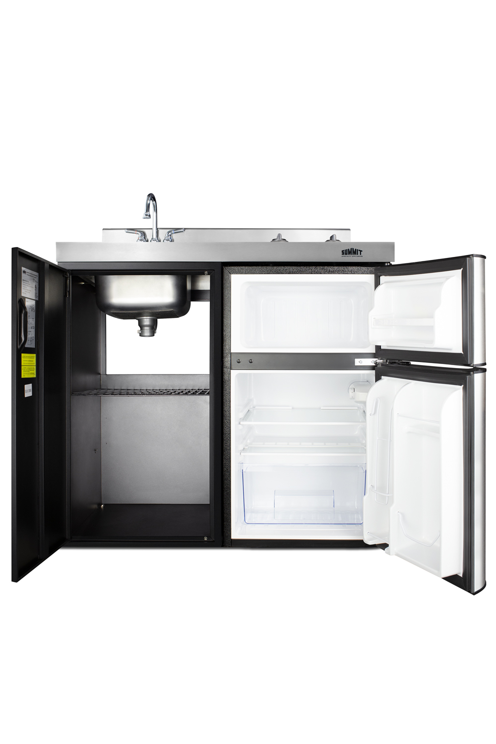 39 inch wide all-in-one kitchenette in black with a 2-burner 115V smooth-top cooktop, 2-door refrigerator-freezer, sink, and storage cabinet